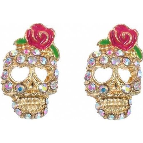 Korean New Statement Earrings Colorful Crystal Skull Head Roses Flower Stud Earrings For Women Fashion Jewelry Oorbellen Brincos