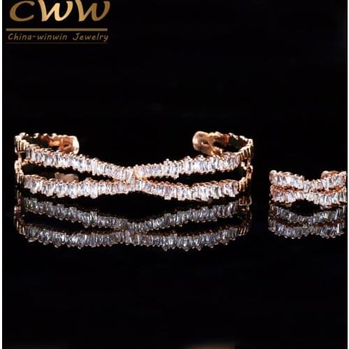 CWWZircons Adjustable Size Rose Gold Color Bracelet Bangle Ring Set Trapezoid CZ Stone Fashion Brand Women Jewelry Sets T203