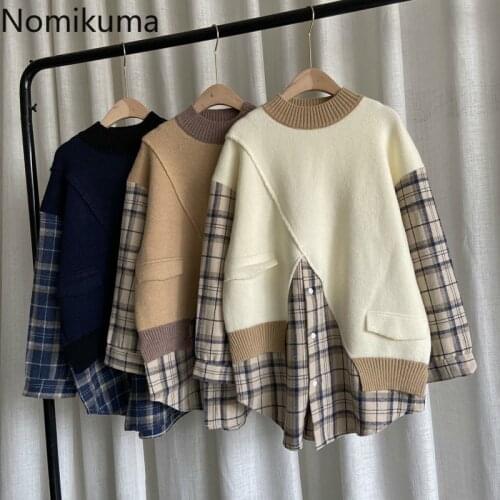Nomikuma Women Sweater Korean Plaid Blouse Patchwork Fake Two Pieces Knitted Pullover 2020 New Causal Oversized Pull Femme 6C826