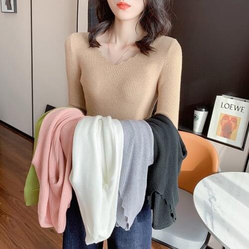 Zoki Sexy V Neck Women Knit Sweater High Elastic Solid Causal Long Sleeve Korean Jumper Autumn Pullover Black Basic Top New 2021
