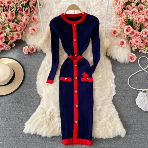 Neploe Ladies Grace Temperament Knitted Vestidos Mujer O-neck Bodycon Long Sleeve Female Robe Versatile Slim Hip Women Dresses