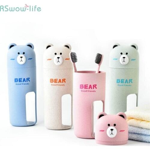 2PCS Toothbrushes + 1 Cup Suit Wheat Straw Cartoon Bear Portable Mouthwash Cup Soft Toothbrush Travel Suit Toothwash Animal Cute