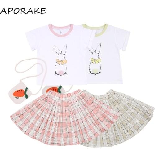 2021 3-8Y Sweet Kids Baby Girl Clothing Cute Rabbit Print Short Sleeve T-shirt+Plaid A-line Skirt+Bag Summer 3pcs Outfits Set