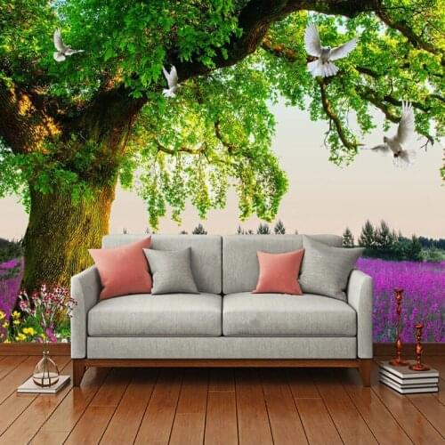 Custom Mural Papel De Parede Green Tree Lavender 3D Photo Wall Paper For Living Room Sofa TV Background Wallpapers Home Decor