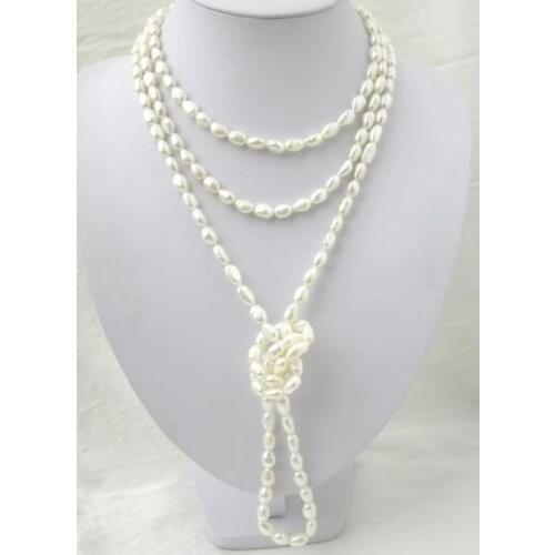 Beautiful Free Shipping 7-8mm Rice Barrel Shape Natural White Freshwater Cultured Pearl Beads Long Chain Necklace 80"BV387