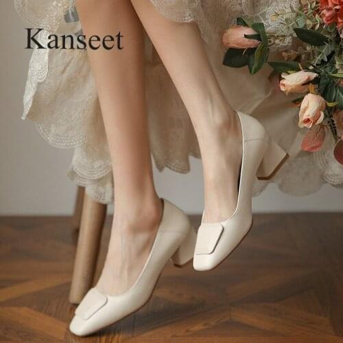 Kanseet Shallow Basic Daily Thick Heels Womens Pumps Real Leather Spring New Dress Office Ladies Working Woman Shoes Apricot