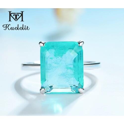 Kuololit Paraiba Gemstone Rings for Women Real 925 Sterling Silver Emerald Cutting Tourmaline Handmade Engagement Bride Jewelry