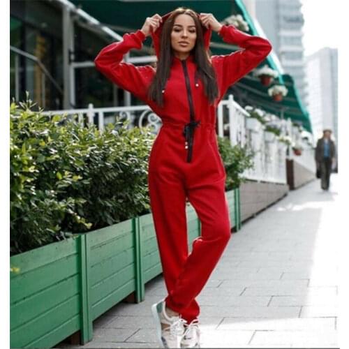 Fashion Zipper Hooded Jumpsuits Women Sexy Slim Casual Hoodies Pockets Sporting Tracksuit