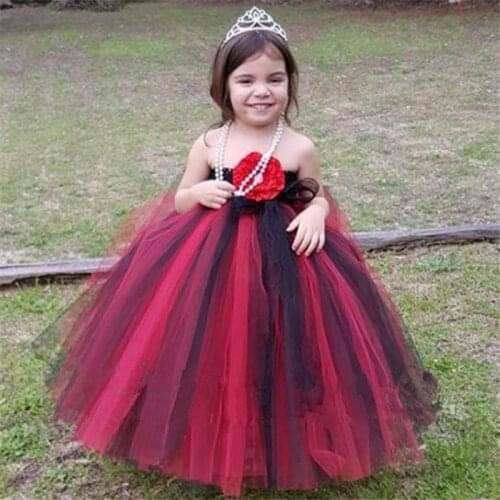 Lovely Girls Red Black Tutu Dress Kids Corset Tulle Long Dress Ball Gown with Crown Set Children Halloween Party Costume Dresses