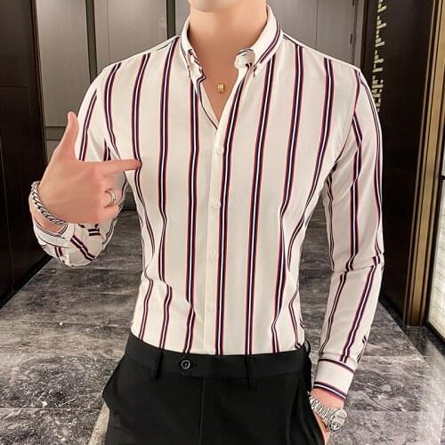 Mens Business Striped Shirt Casual Long Sleeve Spring New Fashion Slim Shirt Black White Mens Casual Long Sleeve Shirt Regular
