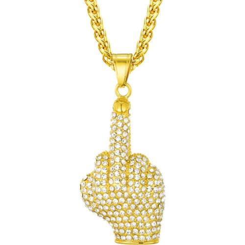 Hip Hop Iced Out Big Hands Pendants Necklace Full Rhinstone Crystal Zircon Rapper Middle Finger Up Hand Shape Jewelry For Men