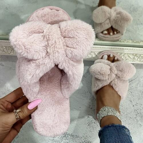 Womens 2021 New Cozy Fluffy Warm Design Slippers Female Soft Plush Autumn and Winter Indoor Fuzzy House Slipper Hot