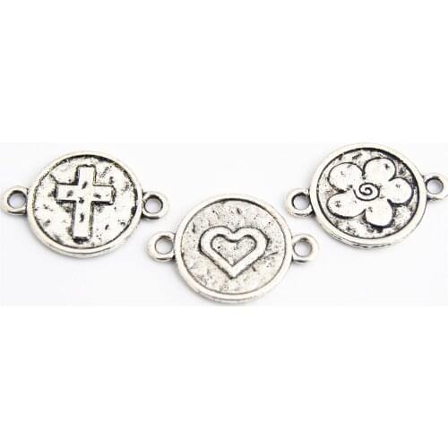 30pcs Silver Color Cross Flower Heart Round Connector Pendant DIY Necklace Bracelet Bangle Findings 16X23mm A2180/A2181/A2182