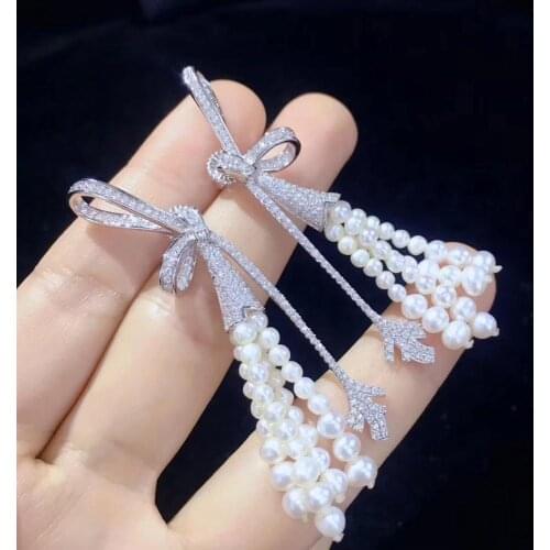 Natural fresh water pearl tassels drop earring 925 sterling silver with cubic zircon bowknot earring fine women jewelry