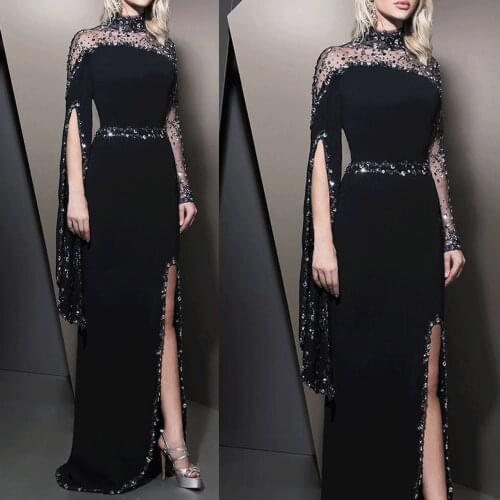 SuperKimJo Vestido De Festa Black Beaded Evening Dresses Long Sleeve High Neck Crystals Mermaid Evening Gown Vestidos Elegantes