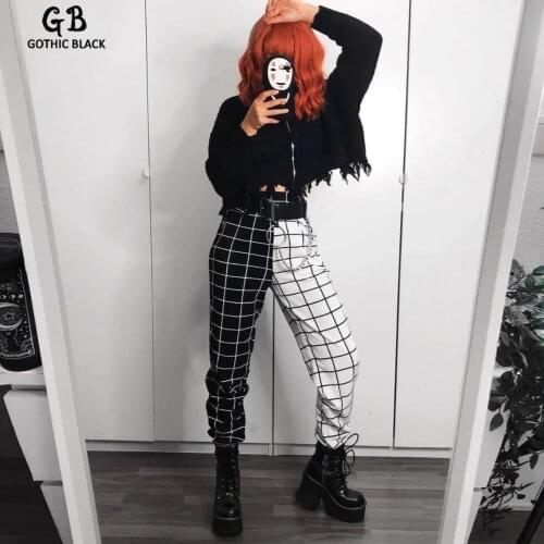 Gothic Black Women Checkerboard Plaid Elasticity Cargo Pants 2021 Spring Goth Female Streetwear Patchwork High Waist Long Pants