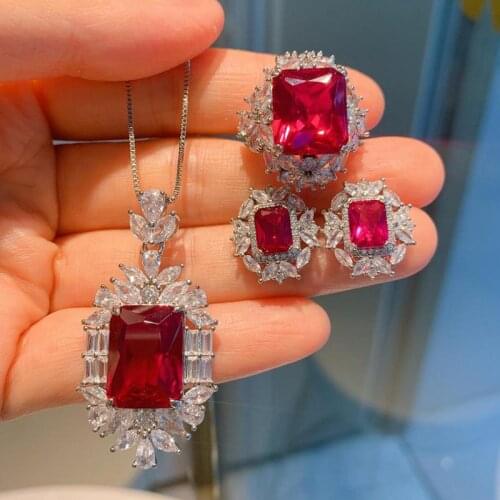 2021 Trend Vintage 925 Sterling Silver Ruby Gemstone Lab Diamond Pendant Necklace Ring Earrings For Women Wedding Jewelry Sets