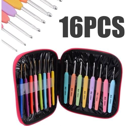 16pcs Crochet Hook Set Plastic Handles Aluminum Knitting Needles Weave Craft Yarn Crochet Needles Knitting Sewing Tool with Case
