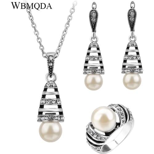3Pcs/lot Elegant Pearl Bridal Jewelry Sets Vintage Crystal Necklace Ring Earrings For Women Minimalist Bulgaria Jewellery