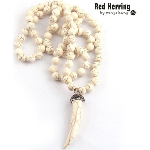 Free Shipping Fashion Bohemian Tribal Jewelry White Stone Knotted White Ox Horn Pendant Necklaces For Women Ethnic Necklace