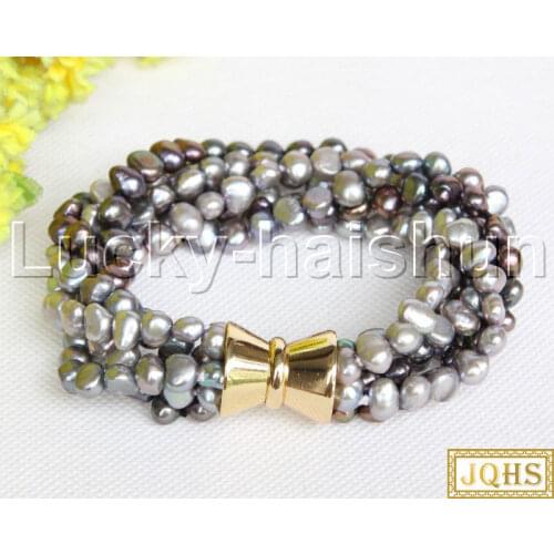 JQHS Baroque 6row 8" 8mm black gray Freeform potato pearls Beaded Strand bracelet magnet clasp j11813