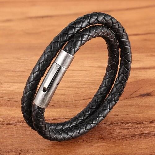 TYO Male Female Watch Jewelry Genuine Leather Bracelet Wrap Cord Black with Vintage Stainless Steel Gun Black Plated Clasp