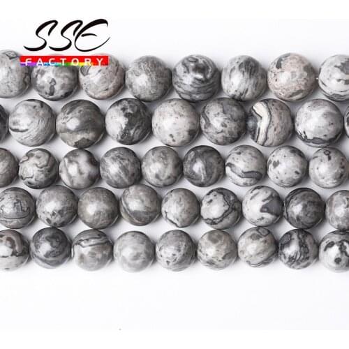 Natural Gray Map Jaspers Stone Beads Gray Picasso Round Beads 15" Strand 4 6 8 10 12 MM for Jewelry Making DIY Bracelet Necklace