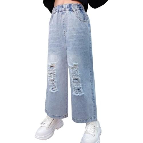 Children Pants 2021 Autumn Girls Ripped Jeans Teenage Kids Casual Loose Wide Leg Pants Girls Denim Pants Fashion Streetwear