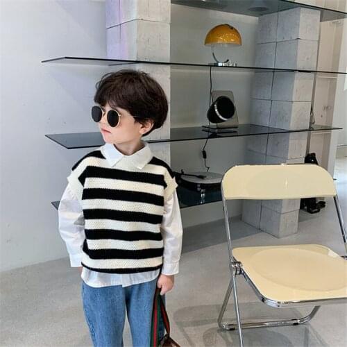 Boys fashion striped knitted waistcoats autumn 2021 loose all-match sleeveless warm sweater vest
