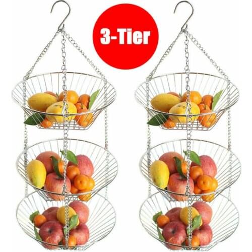Newest 3 Tiers Wire Chain Hanging Basket Fruit Plant Food Organizer Kitchen Storage Wrought Iron Fruit Hanging Basket