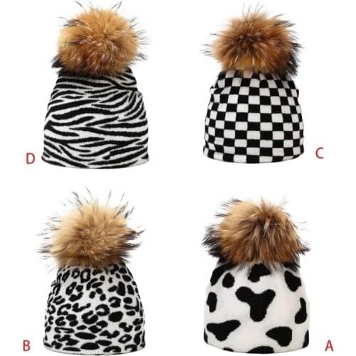 Unisex Cute Cow Leopard Zebra Print Beanie Hat with Detachable Pom Pom Thicken Double Layer Warm Harajuku Knit Skull Cap