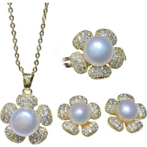 SINZRY Luxury costume jewelry Cubic Zirconia natural pearl women flower pendant necklace earring ring jewelry sets