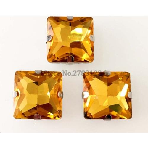 Golden yellow square shape flatback good quality Glass Crystal sew on Silver claw rhinestones,20pcs/bag diy Clothing accessories