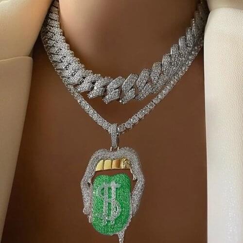 New All Hallows' Day Gift Jewelry For Women Iced Out Bling CZ Tennis Chain Tongue Pendant Drip Dollar Lip Necklace