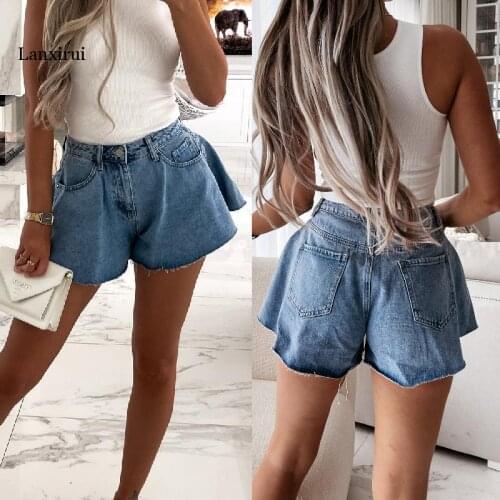 New Summer Fashion Ruffle Hem Shorts Blue Denim Jeans Washed Pockets Zippers Shorts Female Shorts Skirts High Waist Bottoms