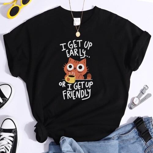 I Get Up Are Lazy Cute Cat Women T-shirts Leisure Tops Breathable T Shirts Retro Breathable Streetwear Summer Female Tee Shirts