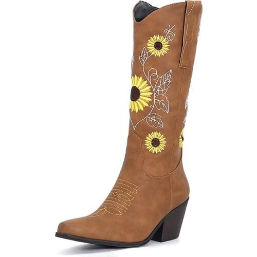 YMECHIC 2021 Womens Embroidered Flower Western Cowboy Boots Lady Mid-calf Handmade Microfiber Leather Shoes Retro Large Size 43