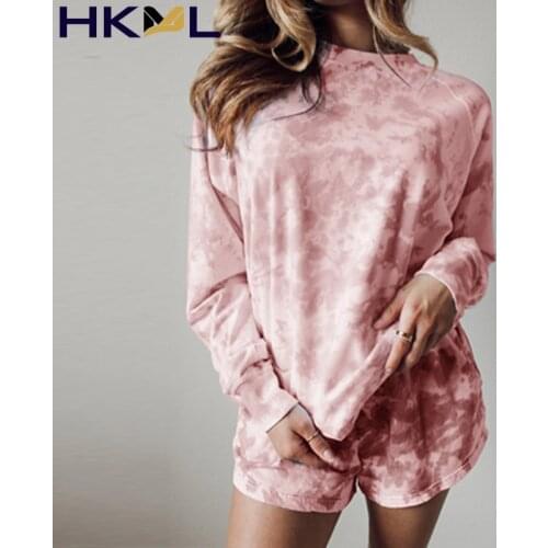Women Tie-dye Printed Pajama Sets Spring O Neck T Shirts Pullover and Shorts Suit 2021 Autumn Long Sleeve Fashion Homewear Suits
