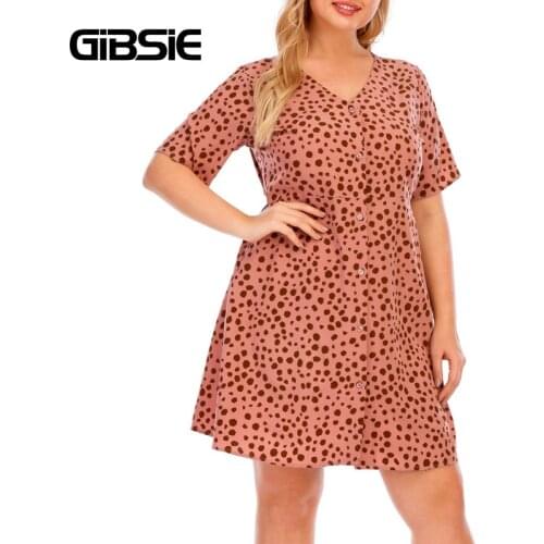 GIBSIE Casual Print Button Women Dress 5xl 4xl Plus Size V-Neck Short Sleeve Mini Dresses Female High Waist Summer A-Line Dress