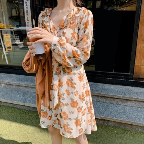 New New Autumn Dress Girls Boho Party Female Vintage Dress Long Sleeve chiffon Women Dresses print spring Robe Vestido