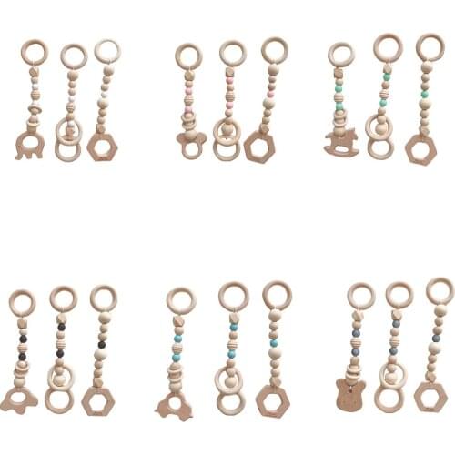 New 3PCS/Set Baby Play Gym Silicone Beads Wood Teether Toddler Hanger Rattle Wood Ring Teething Toys Newborn Baby Pram Toy