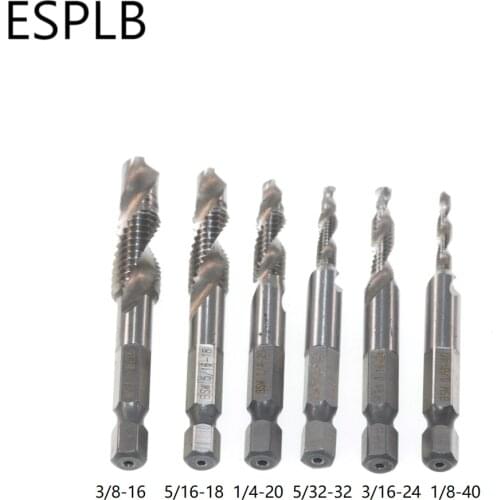 6pcs 1/4'' Hex Shank HSS Thread Spiral Screw Drill Bits 1/8 3/8 5/16 1/4 3/16 5/32 Metric Composite Tap Twist Wood Drilling Bit
