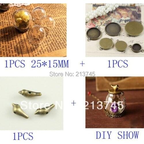 SAILE Free ship! 50set 25*15mm glass globe with base with bird set DIY Glass Ball Dome Cover Vial Pendant