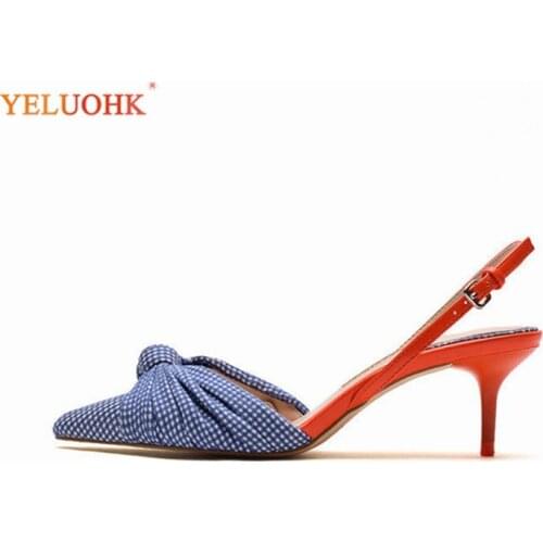 Women Single Shoes White Plaid Girls Sandals Female Red Heel Thin Heel Buckles Pointed Shoes Bowtie Fabric Face 34-40