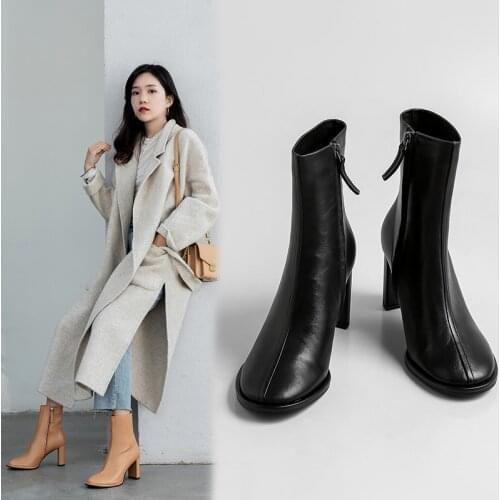 Round Toe Full Genuine Leather Chelsea Boots Streetwear Dating 7cm Heels Ankle Autumn Boots for Women 2020 Autumn Black Boots