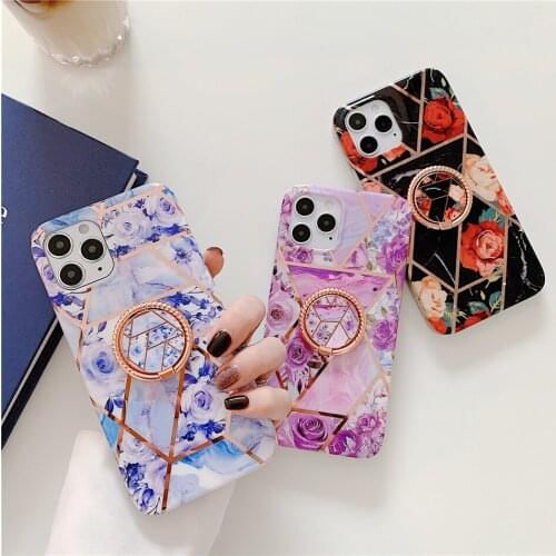 Plating Marble Flower Rose Phone Case For iPhone 11 12 Mini XS Pro Max XR X 7 8 Plus SE 2020 Glossy Soft Cover Ring Holder Stand