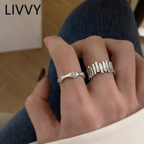 LIVVY Silver Color Smiling Face Creative Irregular Splicing Ring Female Fashion Geometric Temperament Accessories Gifts
