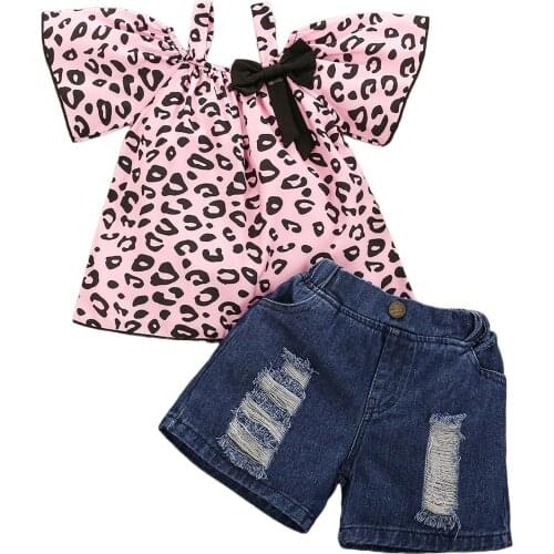 Summer Fashion Kids Girls Clothes Sets 2-6Y Leopard Printed Off Shoulder Short Sleeve Bow T Shirts Denim Shorts Outfit