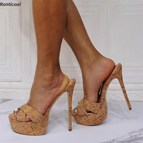 Ronticool Handmade Women Mules Sandals Platform Cork Pattern Stiletto Heel Open Toe Pretty Brown Party Shoes US Size 5-20