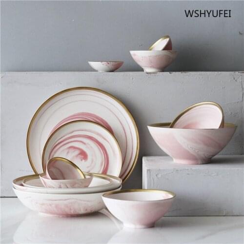 Nordic Light Luxury Pink Gold-Plated Marbled Ceramic Tableware High-end Set Home Noodle soup Salad Fruit dish kitchen tool